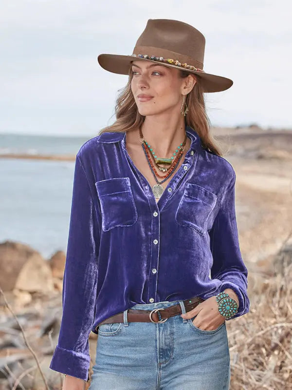 Blue Zone Planet |  Long-sleeved all-match velvet and golden velvet top with loose base lining BLUE ZONE PLANET