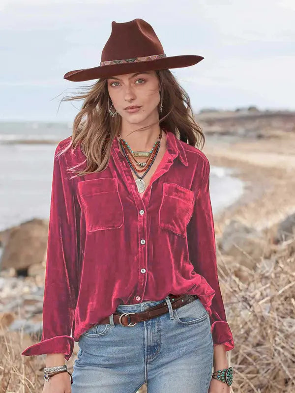 Blue Zone Planet |  Long-sleeved all-match velvet and golden velvet top with loose base lining BLUE ZONE PLANET