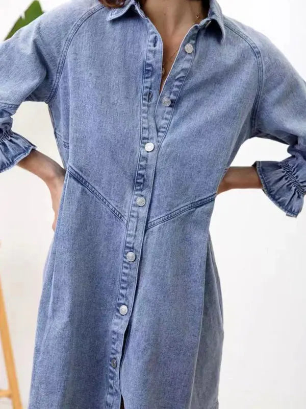 Zone Planet | Loose Denim Balloon Sleeve Long Sleeve Dress - Clear Blue / L by Blue Zone Planet Zone Planet | Loose Denim Balloon Sleeve Long Sleeve Dress - Clear Blue / L by Blue Zone Planet