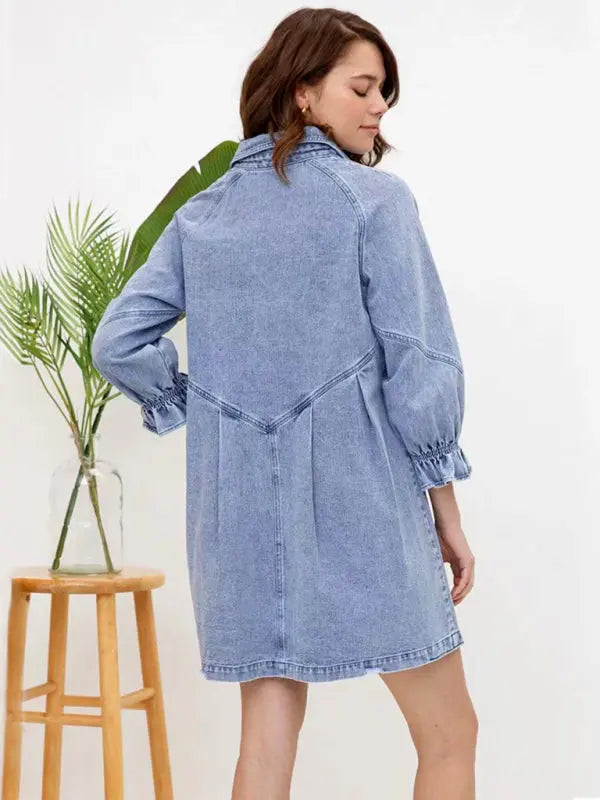 Zone Planet | Loose Denim Balloon Sleeve Long Sleeve Dress - Clear Blue / L by Blue Zone Planet Zone Planet | Loose Denim Balloon Sleeve Long Sleeve Dress - Clear Blue / L by Blue Zone Planet