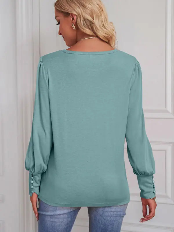 Blue Zone Planet | Loose Puff Sleeve Button Long Sleeve T-Shirt BLUE ZONE PLANET