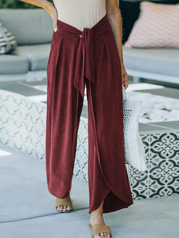 Blue Zone Planet |  Loose Slacks Belt Knotted Wide-Leg Pants Knitted Trousers BLUE ZONE PLANET