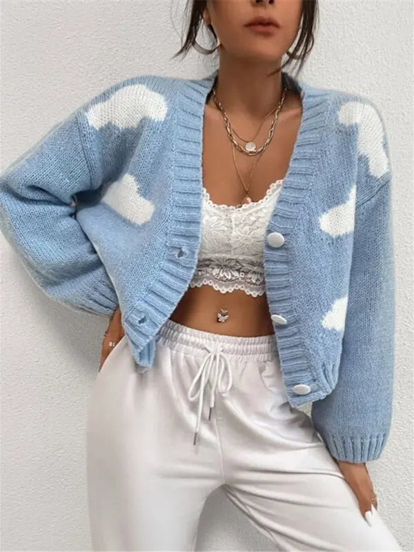 Blue Zone Planet |  Loose V-neck cloud drop shoulder knitted cardigan three-button sweater short coat BLUE ZONE PLANET