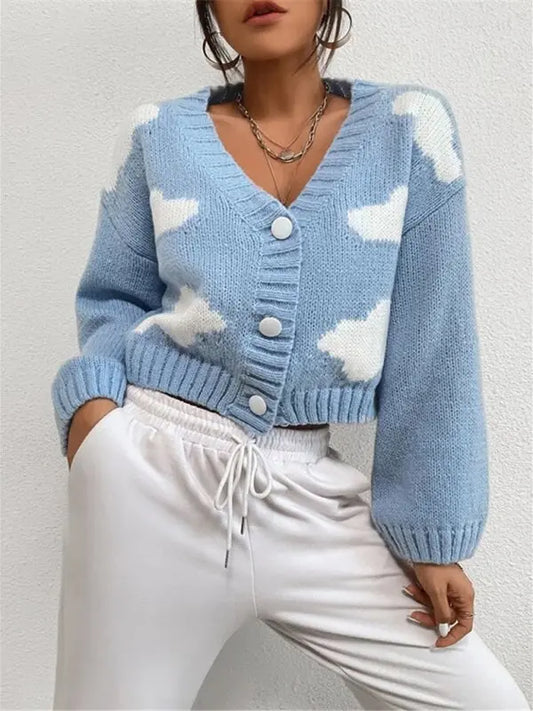 Blue Zone Planet |  Loose V-neck cloud drop shoulder knitted cardigan three-button sweater short coat kakaclo