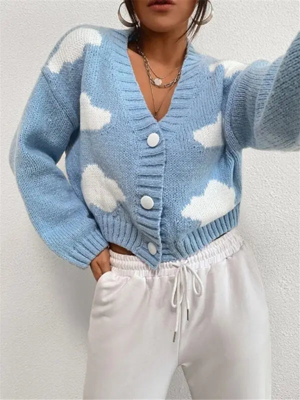 Blue Zone Planet |  Loose V-neck cloud drop shoulder knitted cardigan three-button sweater short coat kakaclo