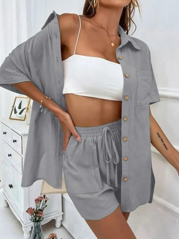 Blue Zone Planet |  Loose-fit short-sleeve single-breasted shorts Two-piece solid-color shirt set BLUE ZONE PLANET