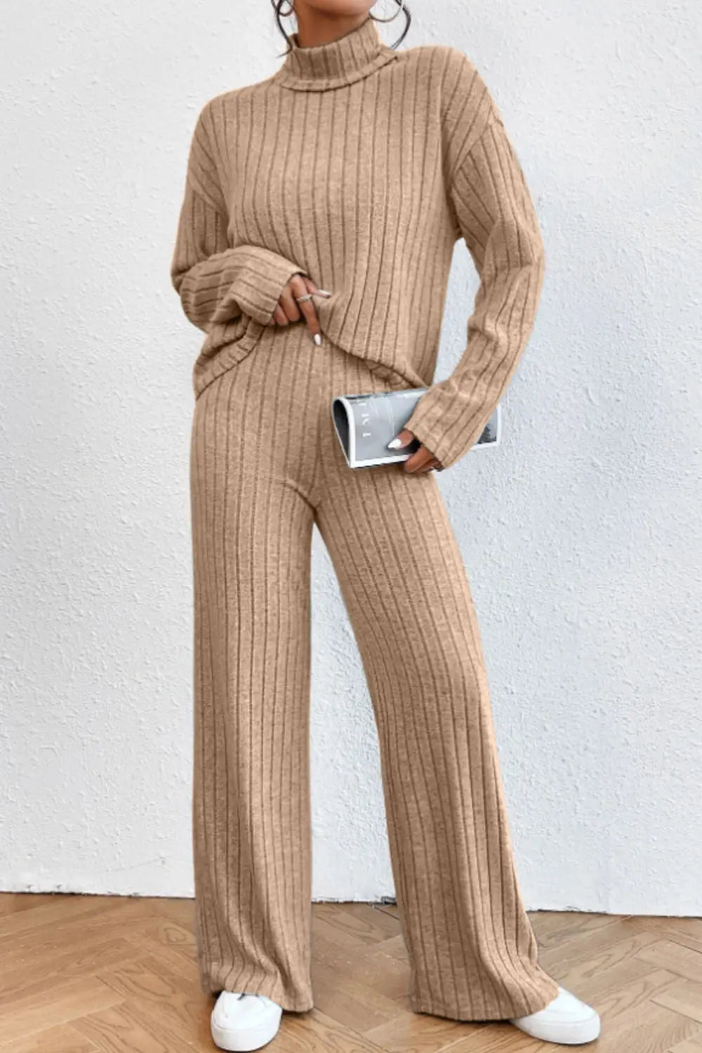 Blue Zone Planet |  Mock Neck Dropped Shoulder Top and Pants Set BLUE ZONE PLANET