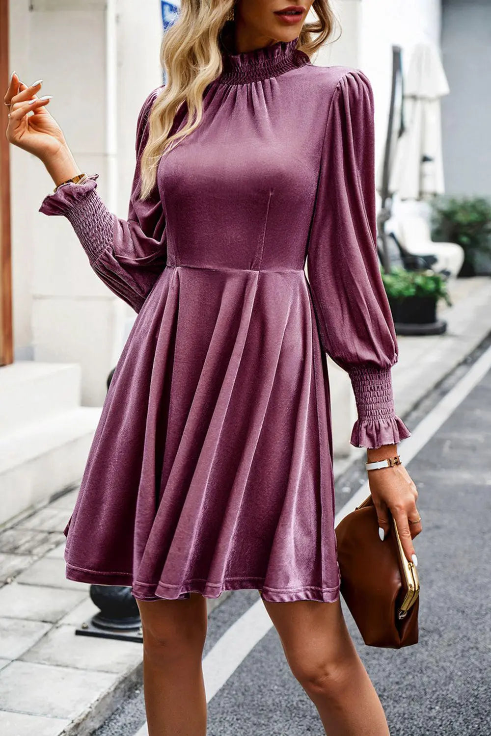 Blue Zone Planet |  Mock Neck Lantern Sleeve Mini Dress BLUE ZONE PLANET