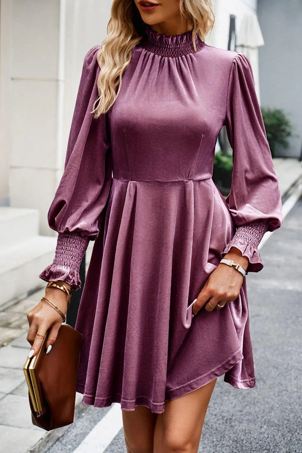 Blue Zone Planet |  Mock Neck Lantern Sleeve Mini Dress BLUE ZONE PLANET