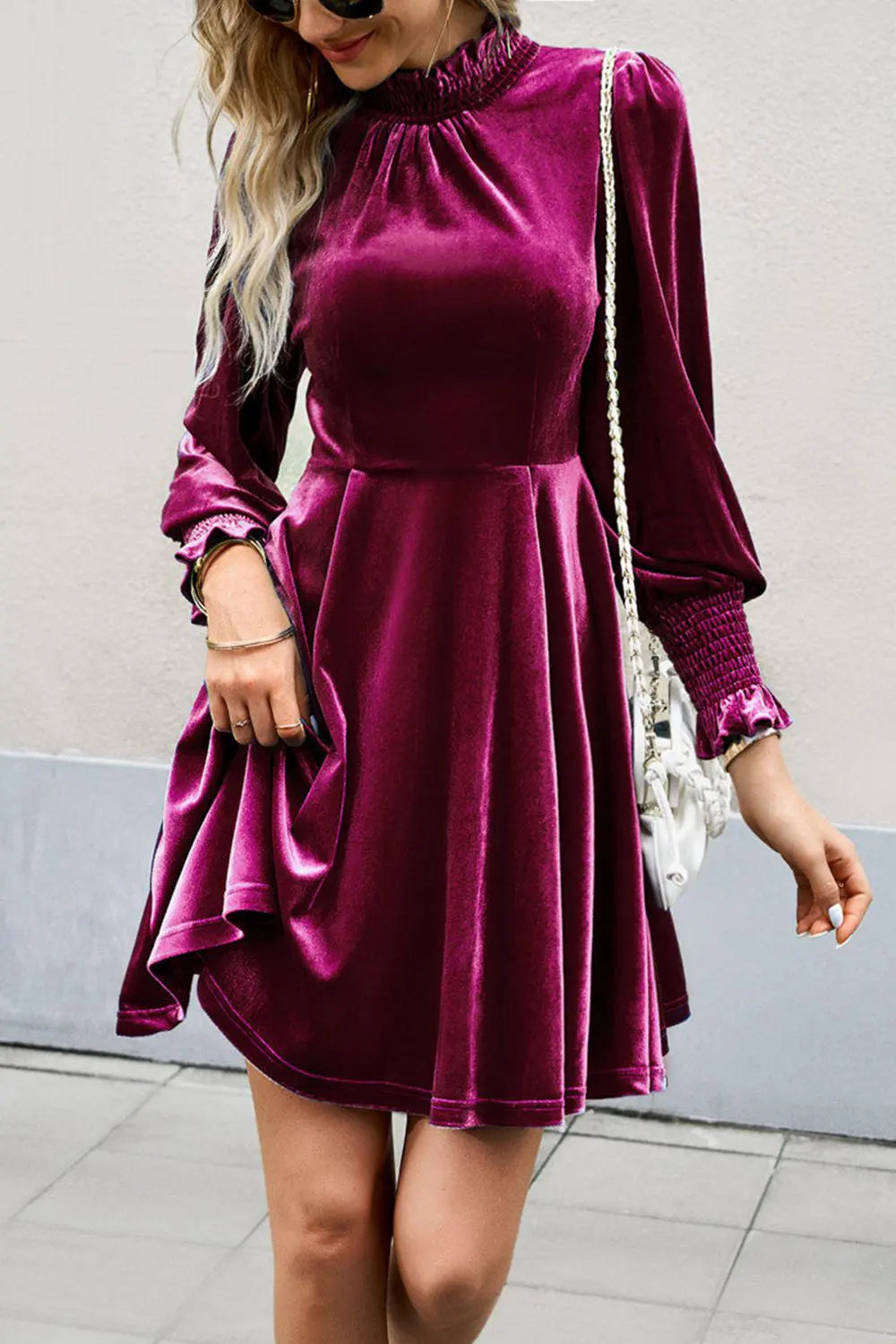 Blue Zone Planet |  Mock Neck Lantern Sleeve Mini Dress BLUE ZONE PLANET