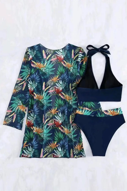 Blue Zone Planet |  Navy Blue 3pcs Tropical Contrast Trim Halter Bikini Set with Cove up Blue Zone Planet