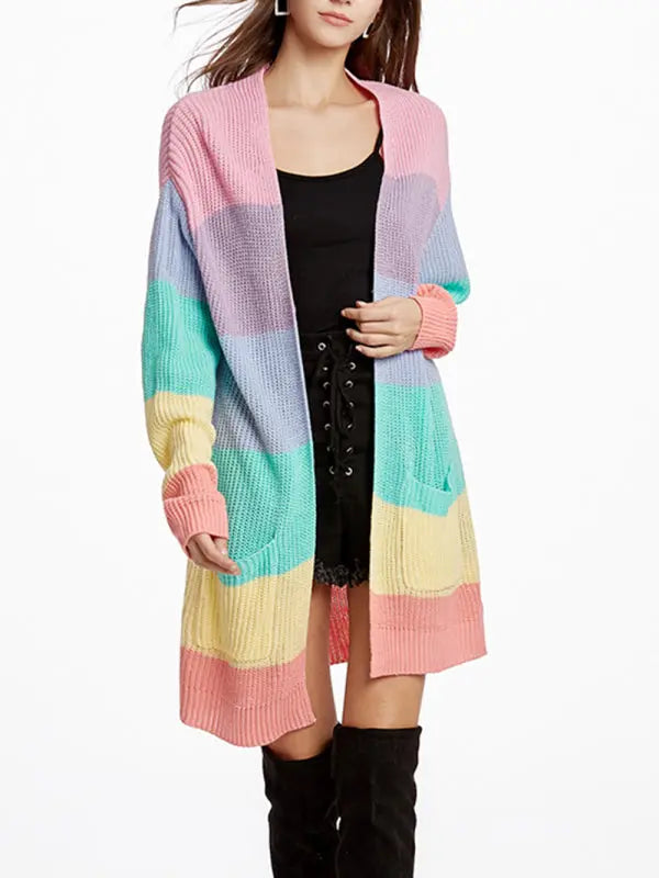 Blue Zone Planet |  New Rainbow Color Loose Long Knit Cardigan BLUE ZONE PLANET