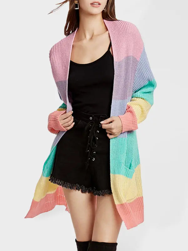 Blue Zone Planet |  New Rainbow Color Loose Long Knit Cardigan BLUE ZONE PLANET