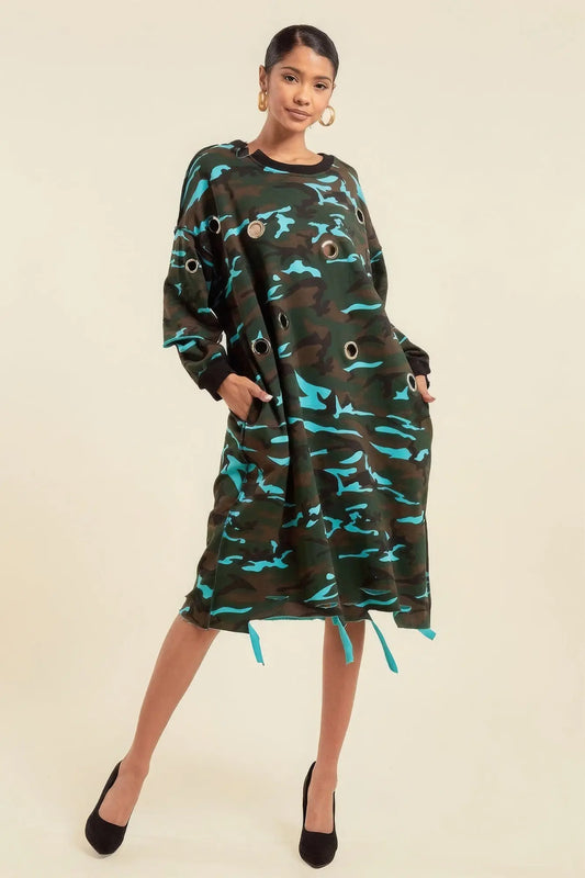 Blue Zone Planet |  Nikki's Camouflage Printed Midi Dress With Rings Blue Zone Planet