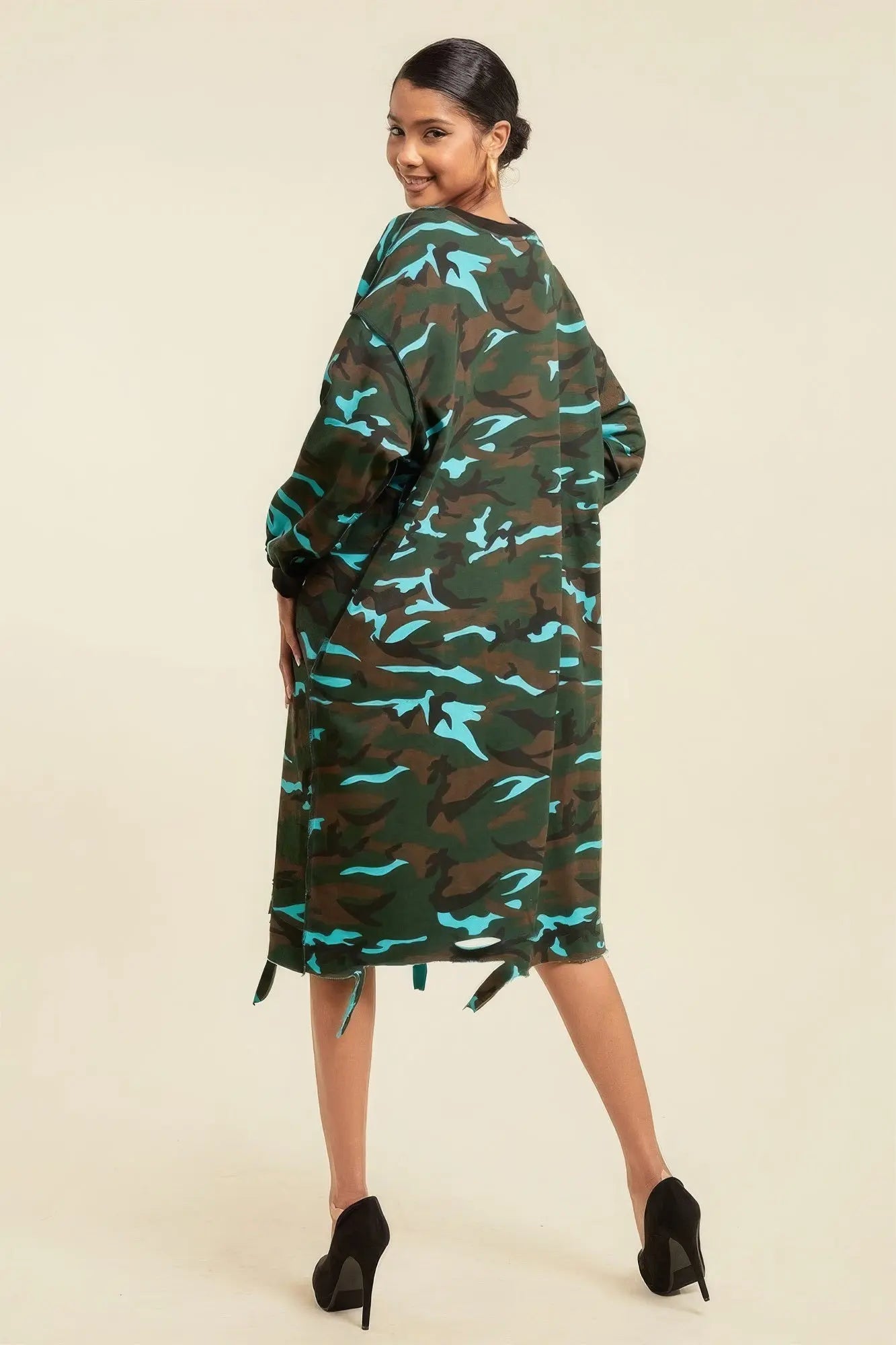 Blue Zone Planet |  Nikki's Camouflage Printed Midi Dress With Rings Blue Zone Planet