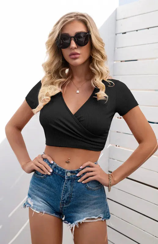 Blue Zone Planet |  Nova's Cross V-Neck Short Sleeve Slim Fit Crop Top T-Shirt BLUE ZONE PLANET