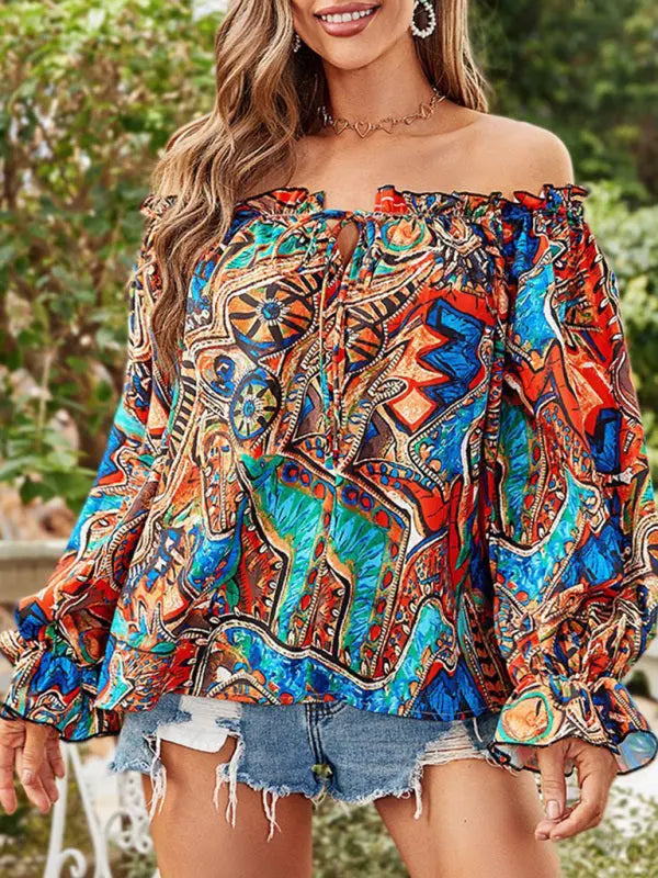 Blue Zone Planet |  Off Shoulder Long Sleeve Printed Shirt BLUE ZONE PLANET