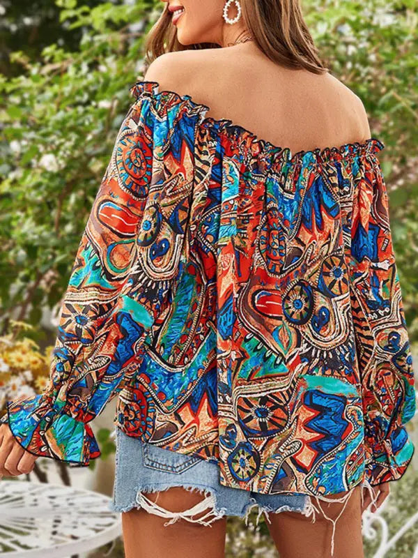 Blue Zone Planet |  Off Shoulder Long Sleeve Printed Shirt BLUE ZONE PLANET