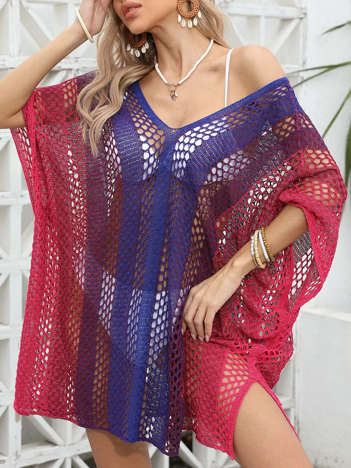 Blue Zone Planet |  Openwork Contrast V-Neck Cover-Up BLUE ZONE PLANET