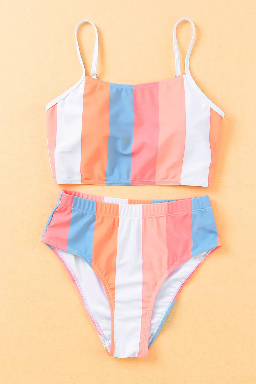 Blue Zone Planet |  Orange Vertical Striped High Waist Bikini Swimsuit Blue Zone Planet