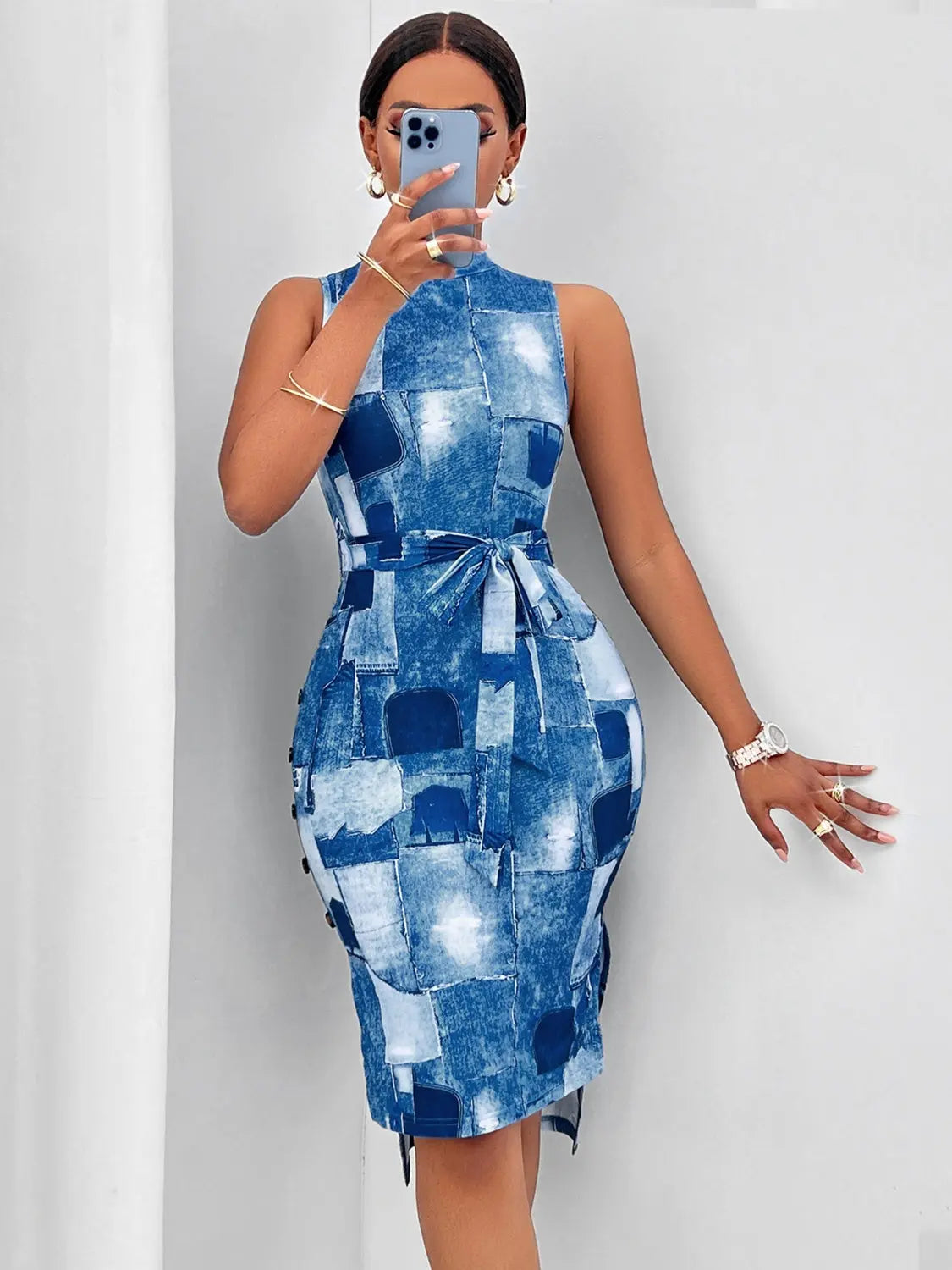 Blue Zone Planet |  Patchwork Tie Waist Sleeveless Dress BLUE ZONE PLANET