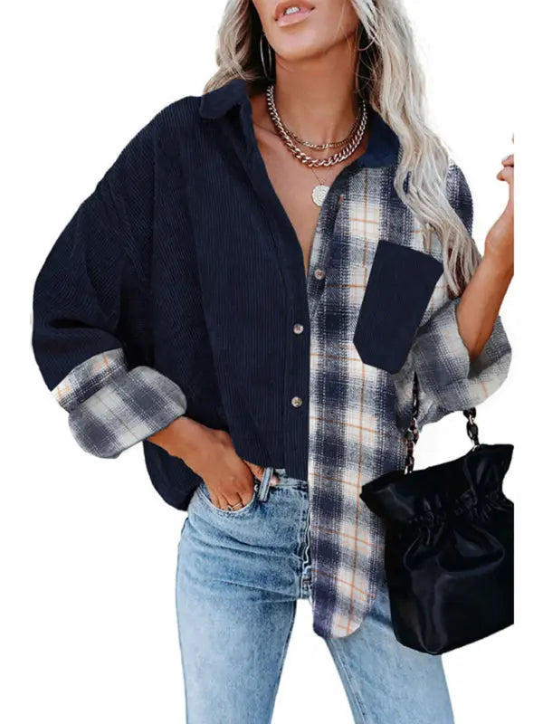 Blue Zone Planet |  Plaid shirt cross-border European and American foreign trade long-sleeved loose pocket shirt BLUE ZONE PLANET