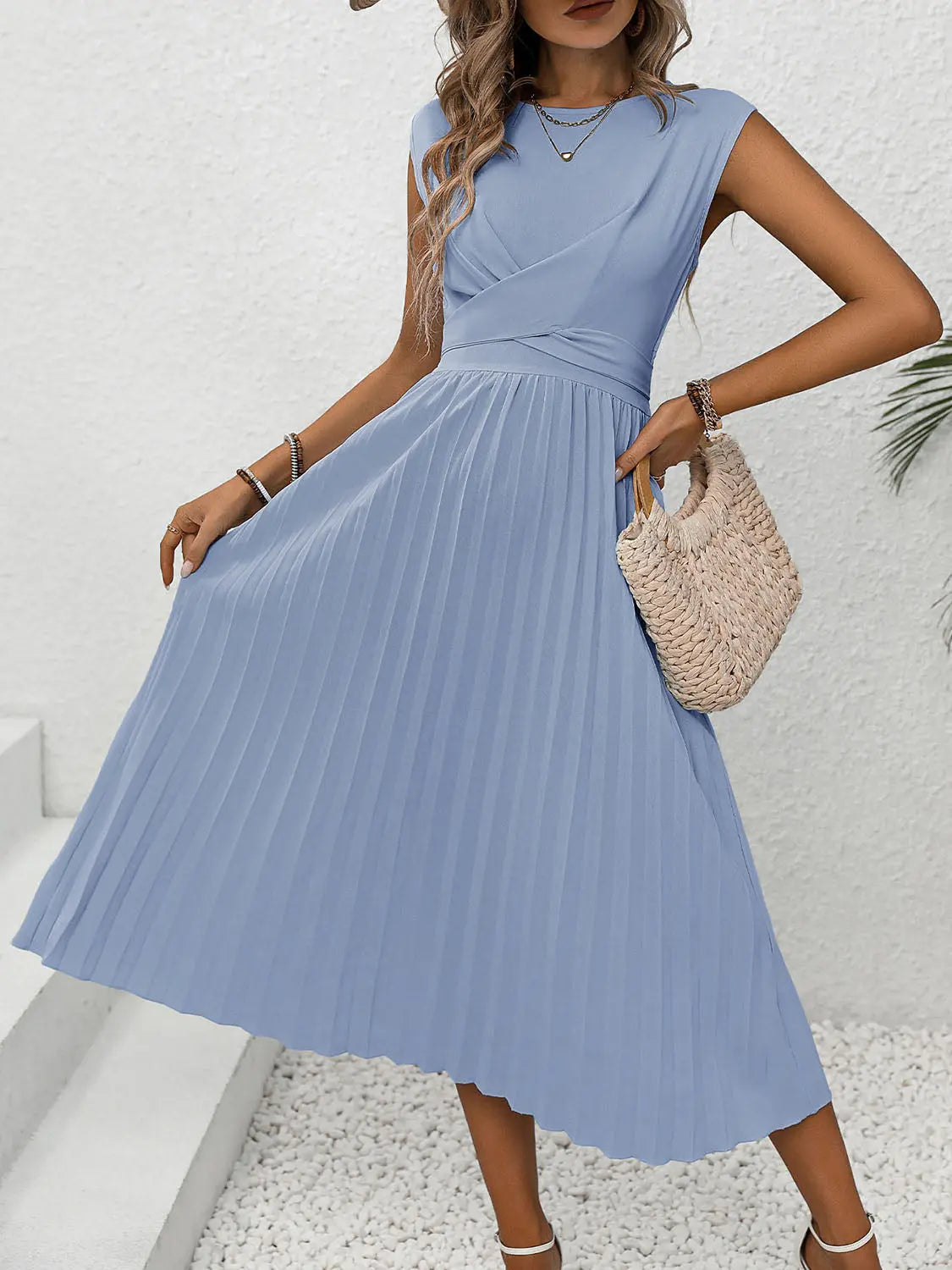 Blue Zone Planet |  Pleated Round Neck Cap Sleeve Dress BLUE ZONE PLANET