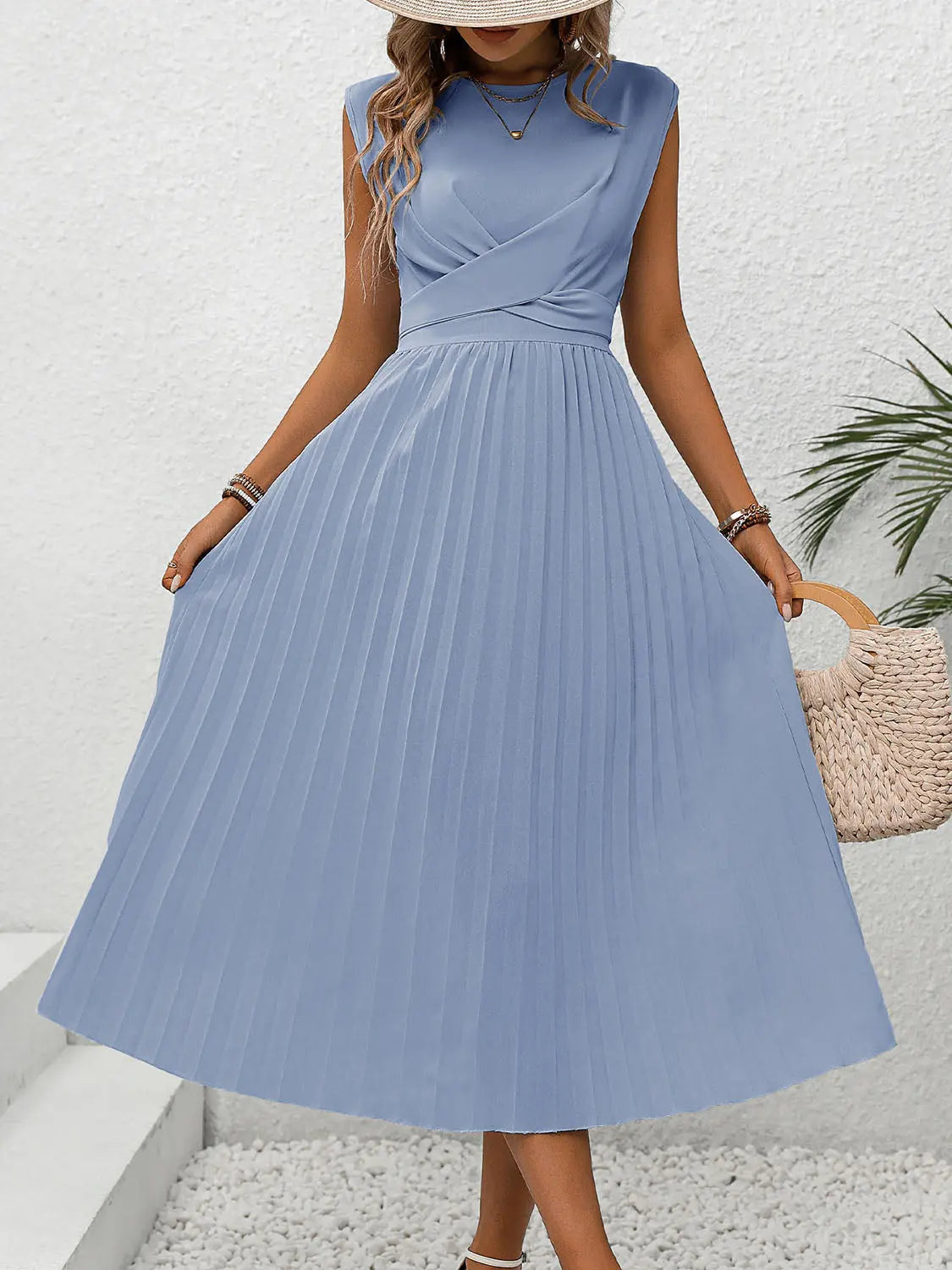 Blue Zone Planet |  Pleated Round Neck Cap Sleeve Dress BLUE ZONE PLANET