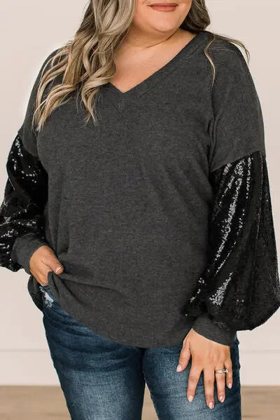 Blue Zone Planet |  Plus Size Sequin Long Sleeve V-Neck Top BLUE ZONE PLANET