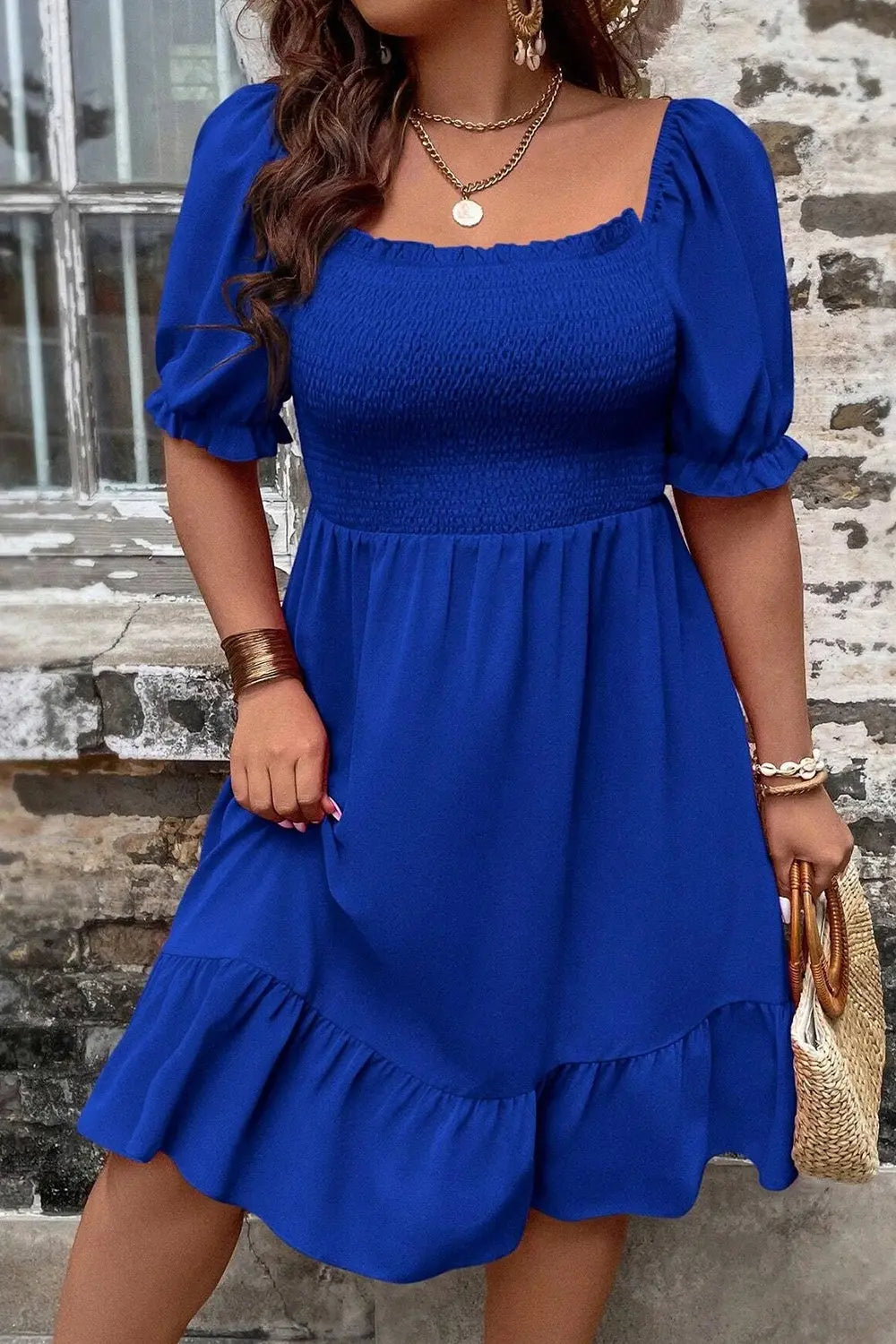 Blue Zone Planet |  Plus Size Smocked Square Neck Short Sleeve Dress BLUE ZONE PLANET