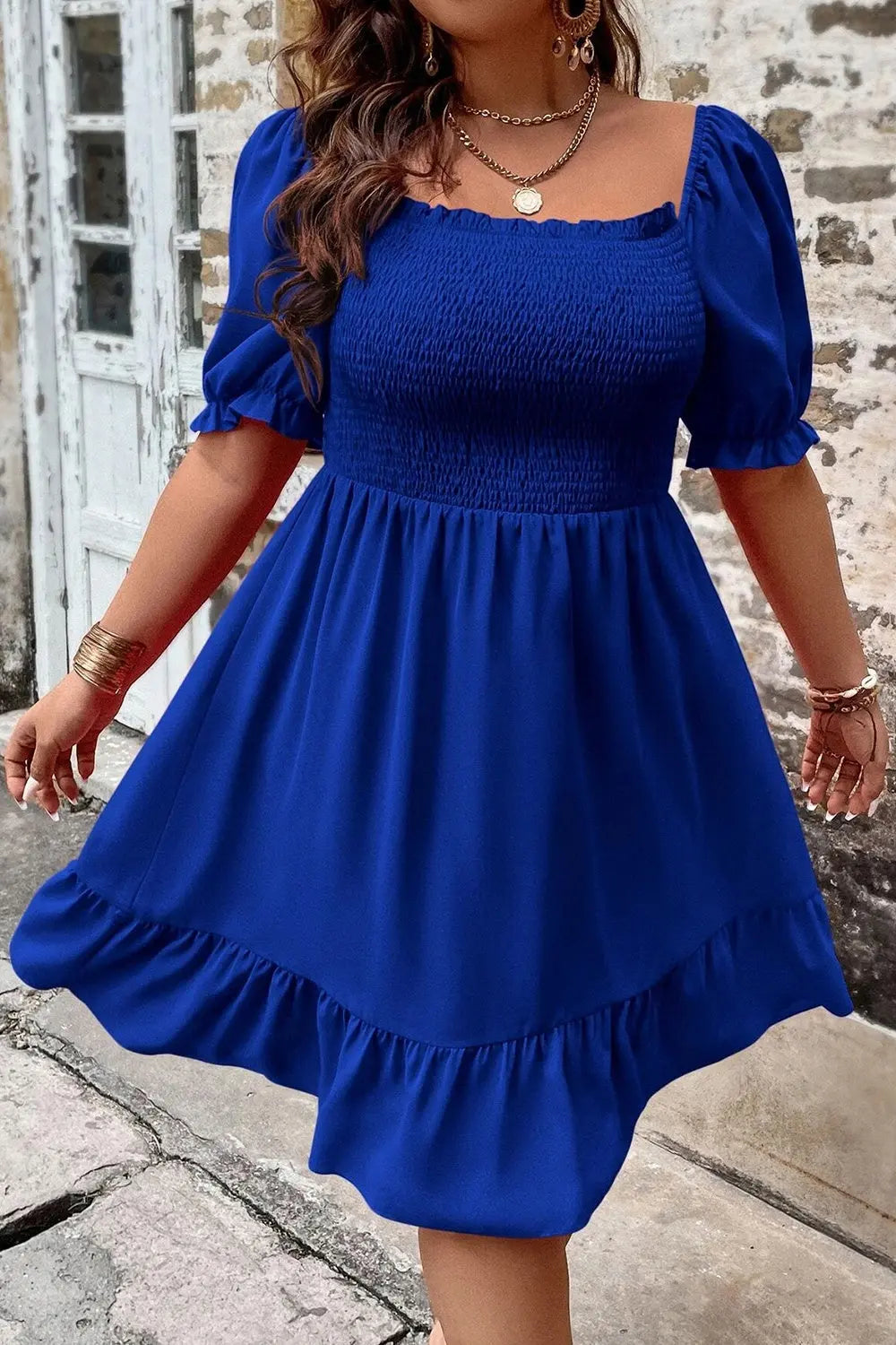 Blue Zone Planet |  Plus Size Smocked Square Neck Short Sleeve Dress BLUE ZONE PLANET