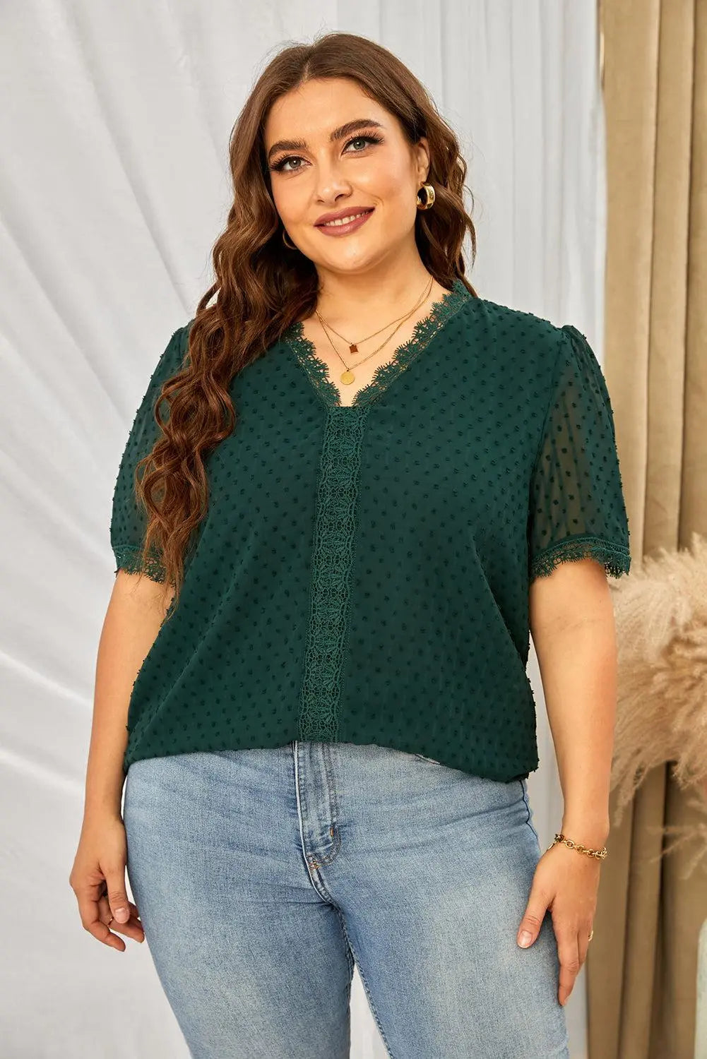 Blue Zone Planet |  Plus Size Swiss Dot Spliced Lace V-Neck Blouse BLUE ZONE PLANET