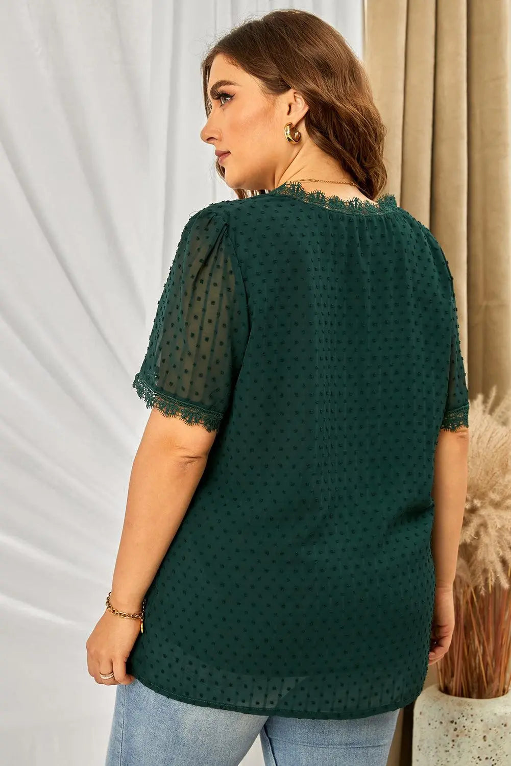 Blue Zone Planet |  Plus Size Swiss Dot Spliced Lace V-Neck Blouse BLUE ZONE PLANET