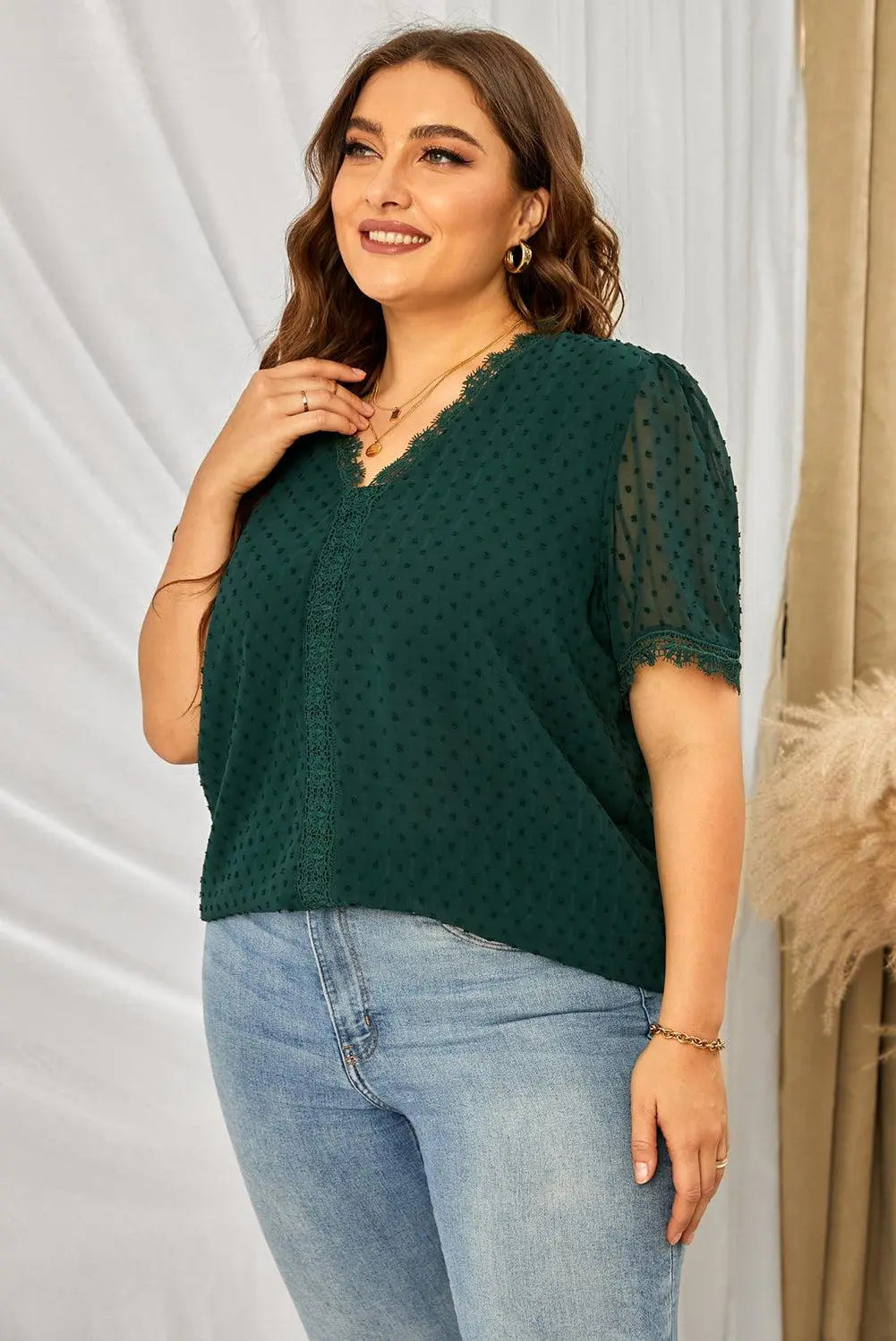 Blue Zone Planet |  Plus Size Swiss Dot Spliced Lace V-Neck Blouse BLUE ZONE PLANET
