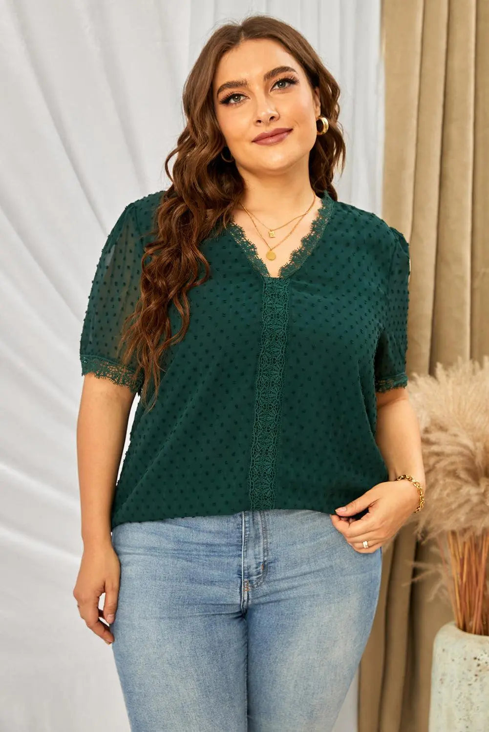Blue Zone Planet |  Plus Size Swiss Dot Spliced Lace V-Neck Blouse BLUE ZONE PLANET