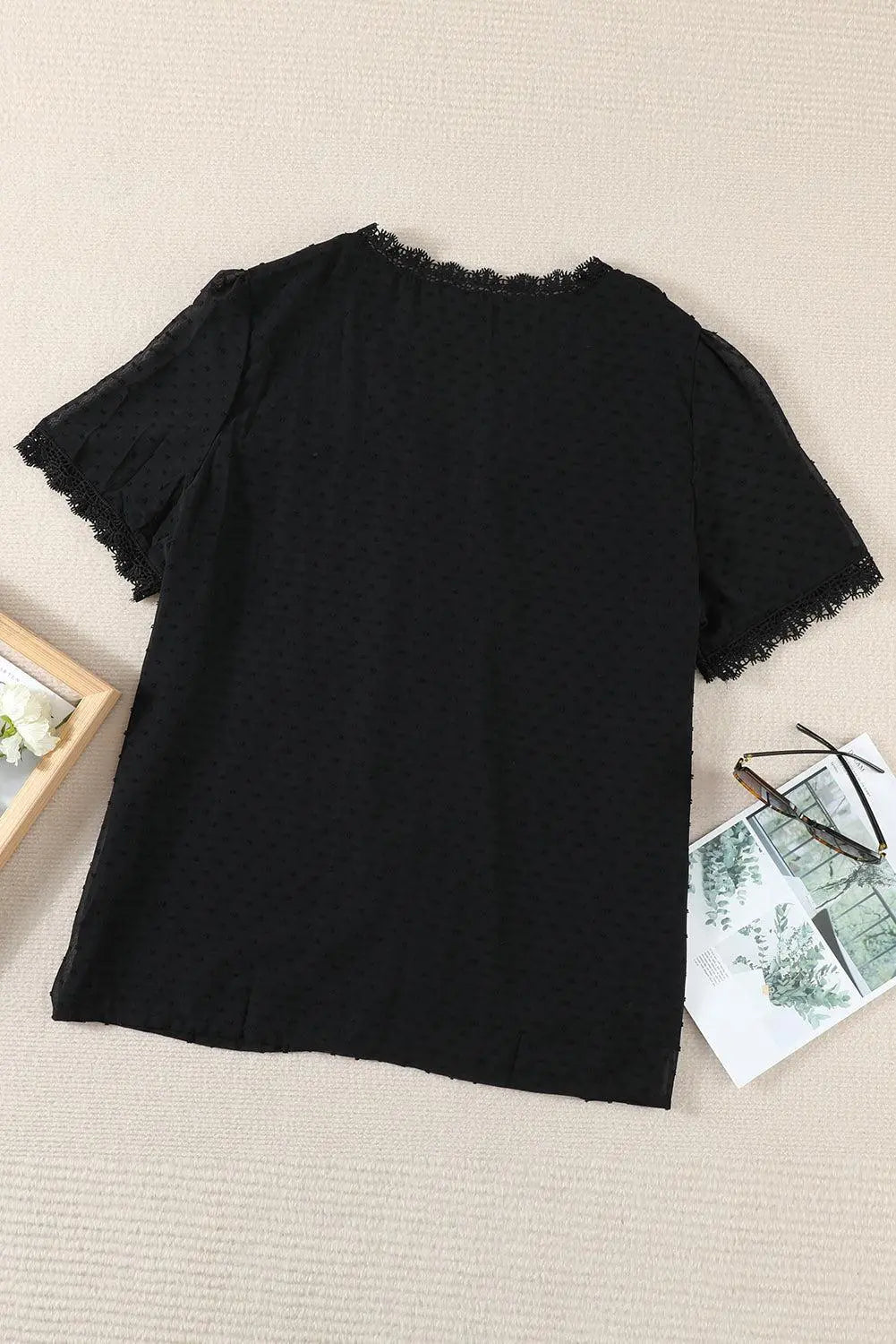 Blue Zone Planet |  Plus Size Swiss Dot Spliced Lace V-Neck Blouse BLUE ZONE PLANET
