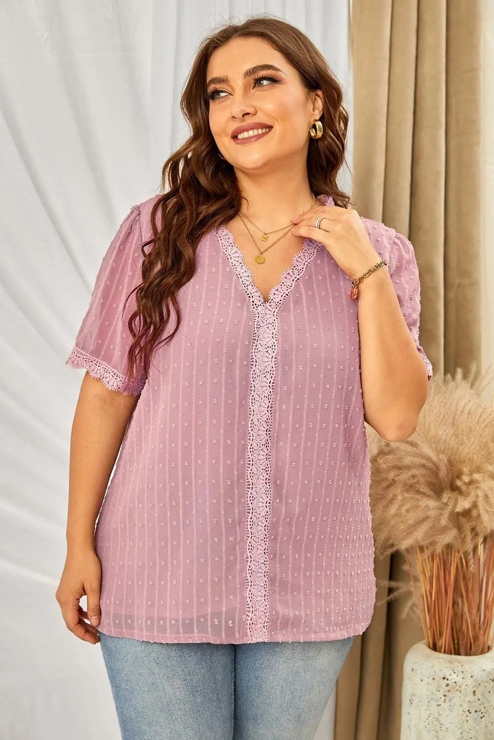 Blue Zone Planet |  Plus Size Swiss Dot Spliced Lace V-Neck Blouse BLUE ZONE PLANET
