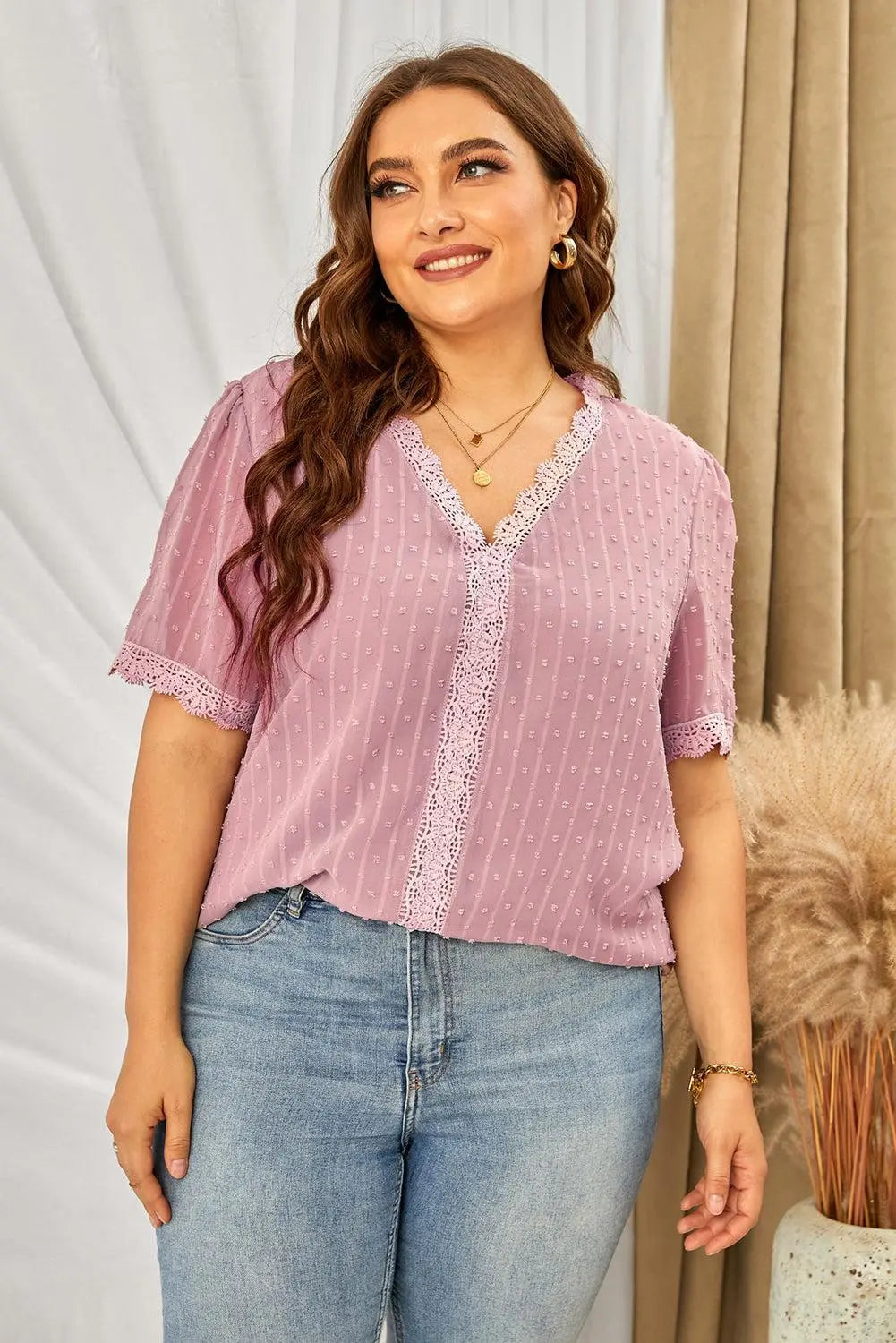 Blue Zone Planet |  Plus Size Swiss Dot Spliced Lace V-Neck Blouse BLUE ZONE PLANET