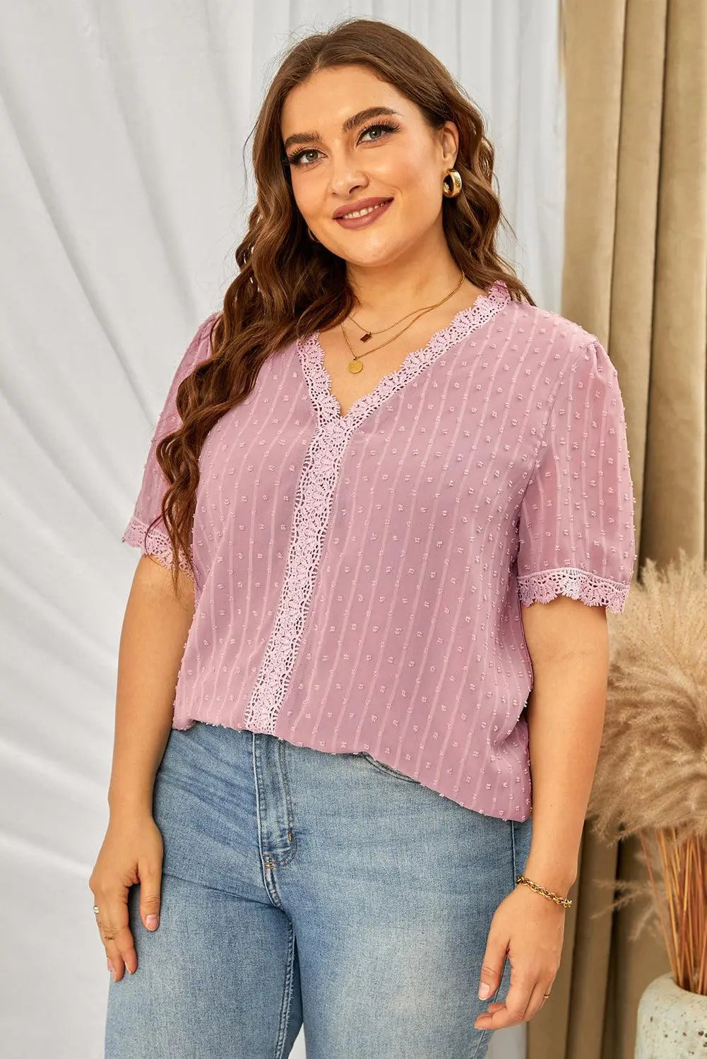 Blue Zone Planet |  Plus Size Swiss Dot Spliced Lace V-Neck Blouse BLUE ZONE PLANET