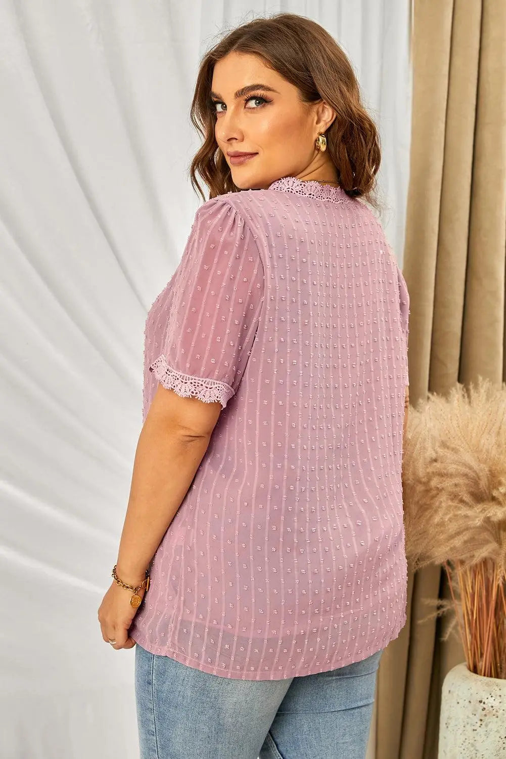 Blue Zone Planet |  Plus Size Swiss Dot Spliced Lace V-Neck Blouse BLUE ZONE PLANET
