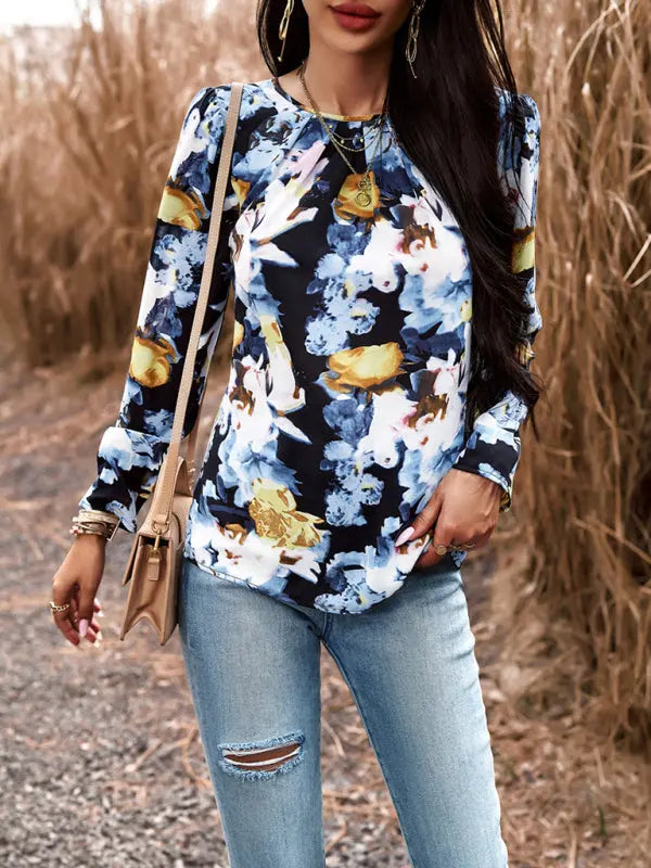 Blue Zone Planet | Printed Round Neck Long Sleeve Top BLUE ZONE PLANET