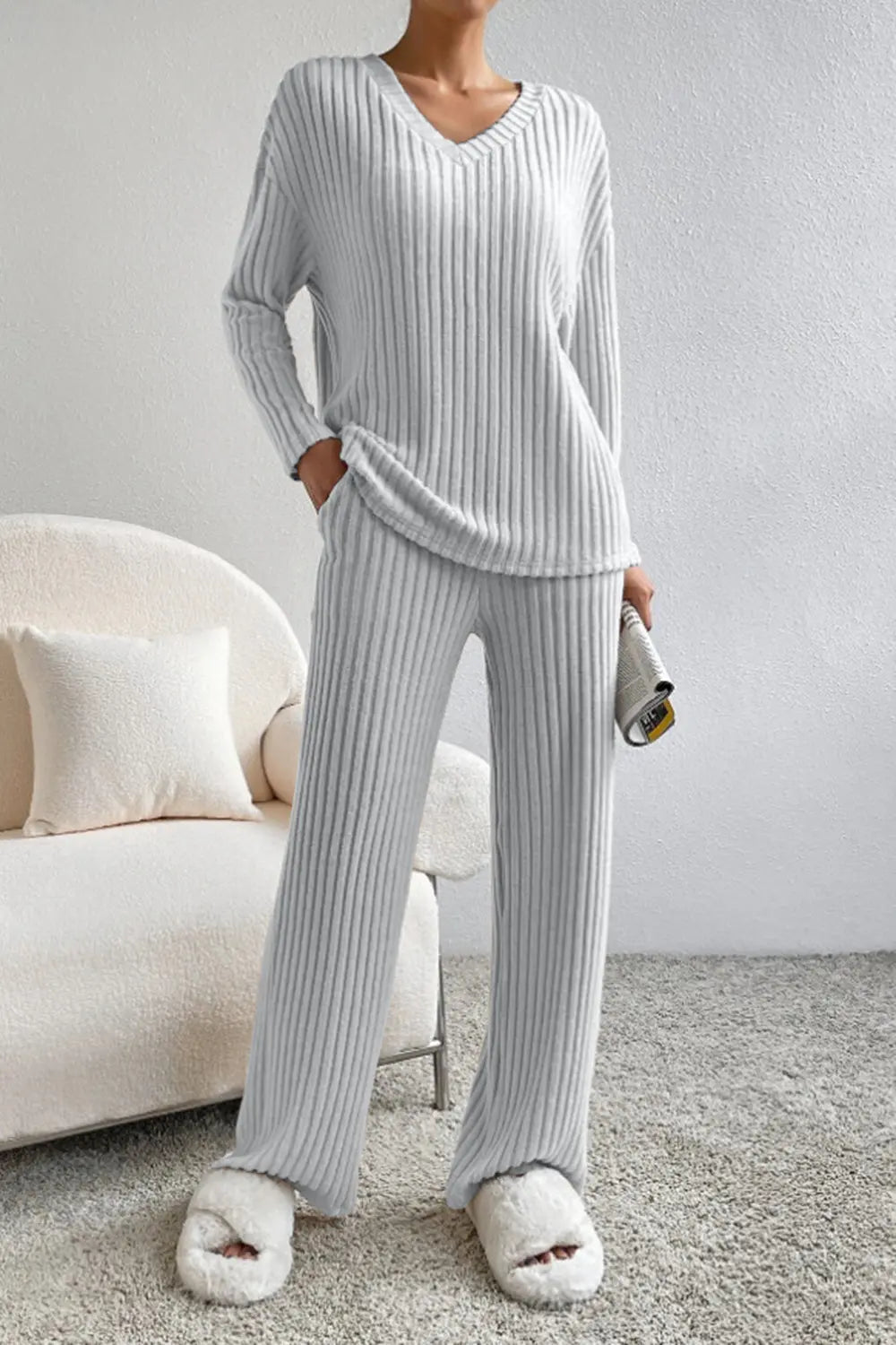Blue Zone Planet |  Ribbed V-Neck Top and Pants Set BLUE ZONE PLANET