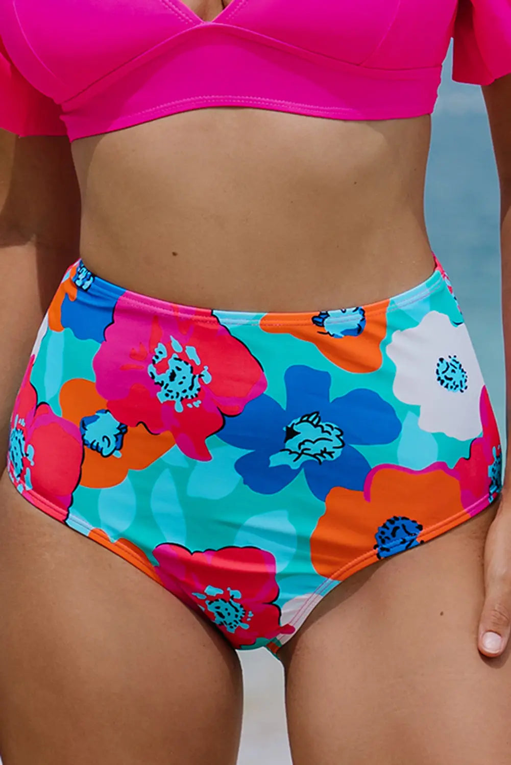 Blue Zone Planet |  Rose Red Floral Print High Waist Bikini Bottoms Blue Zone Planet