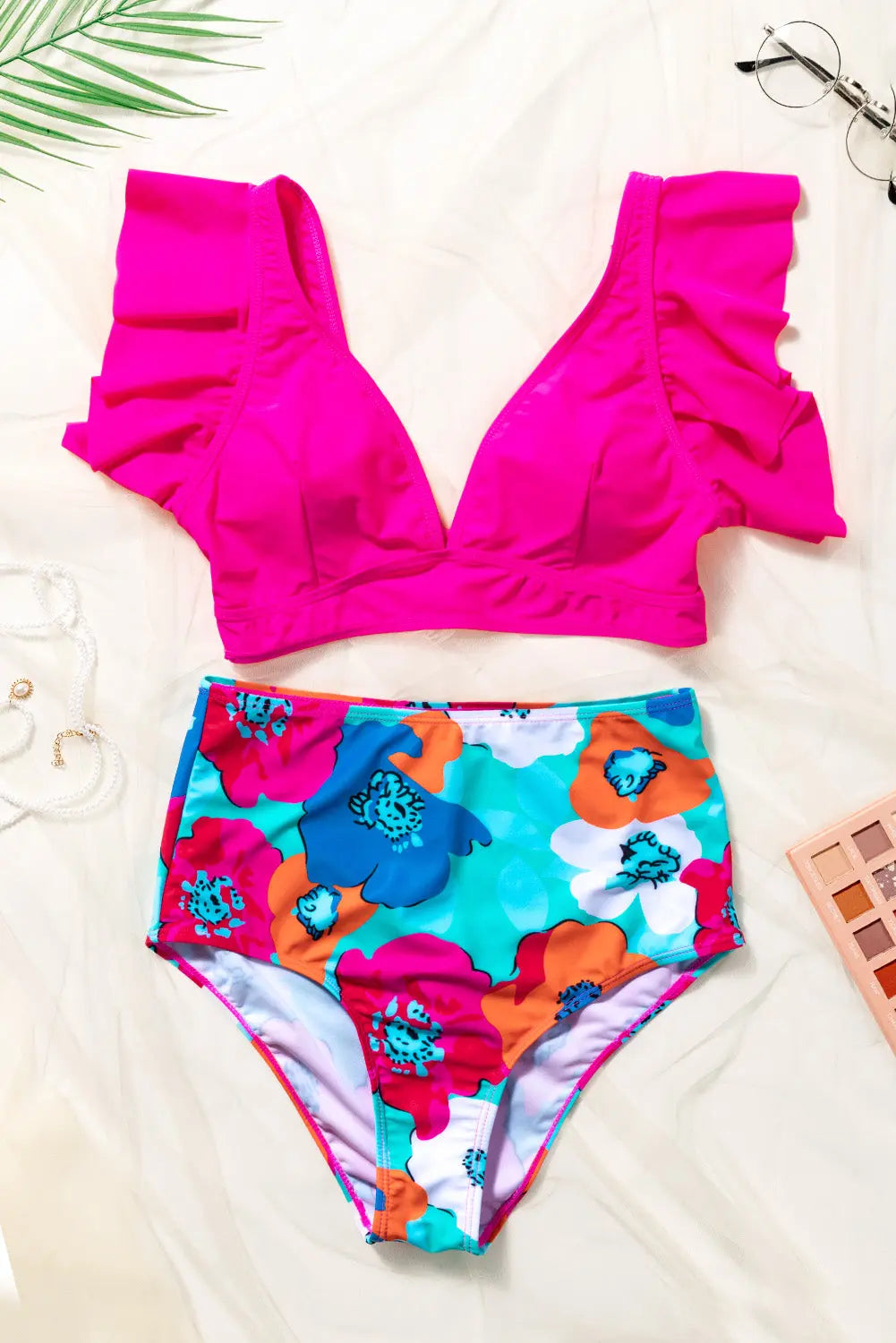 Blue Zone Planet |  Rose Red Floral Print High Waist Bikini Bottoms Blue Zone Planet