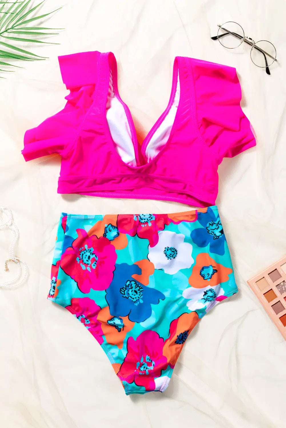 Blue Zone Planet |  Rose Red Floral Print High Waist Bikini Bottoms Blue Zone Planet