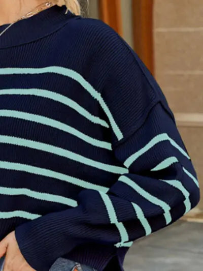 Blue Zone Planet |  Round Neck Striped Lantern Sleeve Sweater BLUE ZONE PLANET