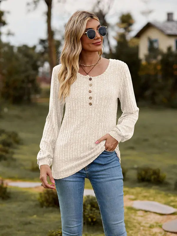 Blue Zone Planet |  Round neck ribbed brushed solid color buttoned long-sleeved T-shirt BLUE ZONE PLANET