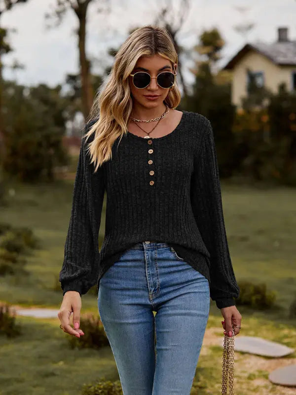 Blue Zone Planet |  Round neck ribbed brushed solid color buttoned long-sleeved T-shirt BLUE ZONE PLANET