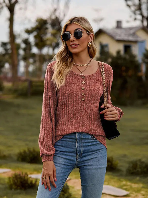 Blue Zone Planet |  Round neck ribbed brushed solid color buttoned long-sleeved T-shirt BLUE ZONE PLANET