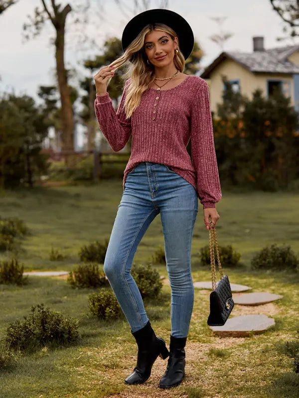 Blue Zone Planet |  Round neck ribbed brushed solid color buttoned long-sleeved T-shirt BLUE ZONE PLANET